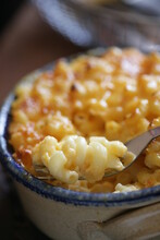 Close Up Of Macaroni And Cheese Baked In Pot