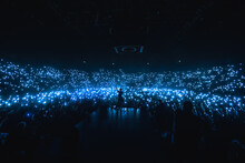 Vocalist In Front Of Crowd On Scene In 
Stadium. Bright Stage Lighting, Crowded Dance Floor. Phone Lights At Concert. Band Blue Silhouette Crowd. People With Cell Phone Lights.