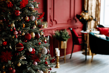 Wall Mural - Beautiful Christmas tree with festive decor, close-up