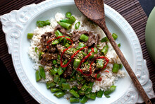 Close Up Of Fried Beef With Rice And Sugar Snap Peas
