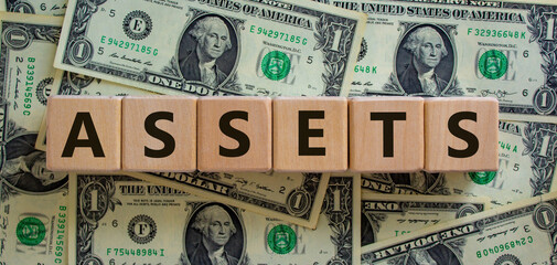 Concept word 'assets' on wooden cubes on a beautiful background from dollar bills. Business concept.