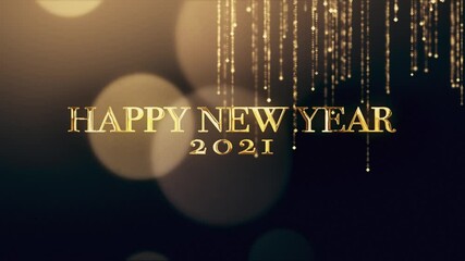 Wall Mural - 4k animation. happy new year greetings video card with shining golden bokeh particles on a backgroun