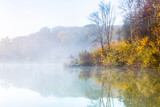 Fototapeta Las - Beautiful landscape with lake and forest. Amazing nature wallpaper. Autumn trees in foggy morning. Romantic place. 