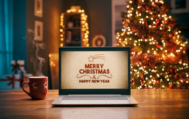 Wall Mural - Christmas wishes on a laptop and Christmas tree