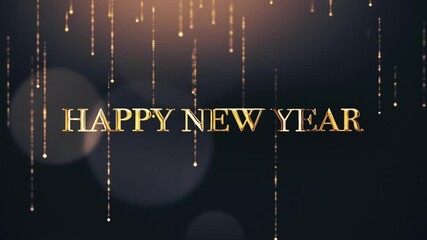 Wall Mural - 4k animation. happy new year greetings video card with shining golden bokeh particles on a backgroun