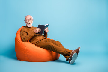 Wall Mural - Portrait of his he nice attractive amazed stunned bearded grey-haired man sitting in bag chair reading book pout lips reaction new information isolated over blue pastel color background