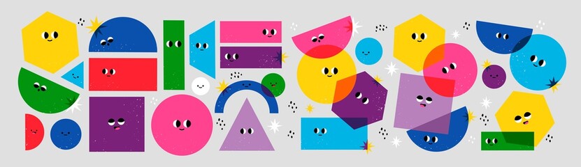 Big Set of Various bright basic Geometric Figures with face emotions. Different shapes. Hand drawn trendy Vector illustration for kids. Cute funny characters. All elements are isolated
