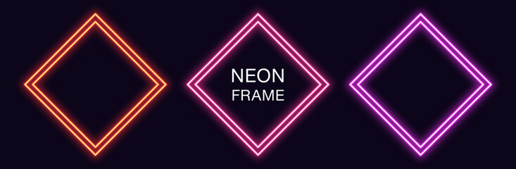 Wall Mural - Neon rhomb Frame. Set of rhombus neon Border with double outline