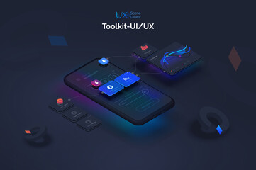 User experience. Smartphone mockup on black background with interactive user interface. The process of creating a mobile application. Website wireframe for mobile apps with active layers and links