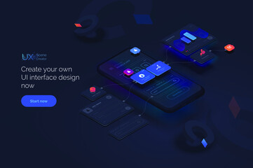 Wall Mural - user experience. smartphone mockup on black background with interactive user interface. the process 