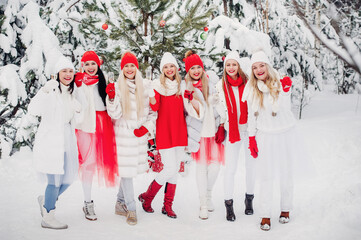 A large group of girls with glasses of champagne in their hands stands in the winter forest.Girls in red and white clothes with new year's drinks in a snow-covered forest.