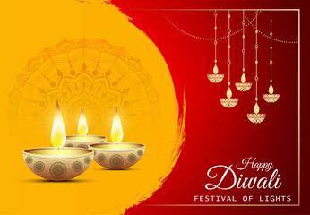 Wall Mural - Happy Diwali - festival of lights colorful background with decorative diya lamp and rangoli.