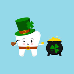 Wall Mural - St Patrick cute tooth in leprechaun costume with pot of gold. Dental tooth irish character with black cauldron with money, clover, pipe, green hat, shamrock. Flat design cartoon vector illustration.