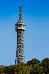 Prague, Czech republic - September 19, 2020. Petrin tower with the clear blue sky