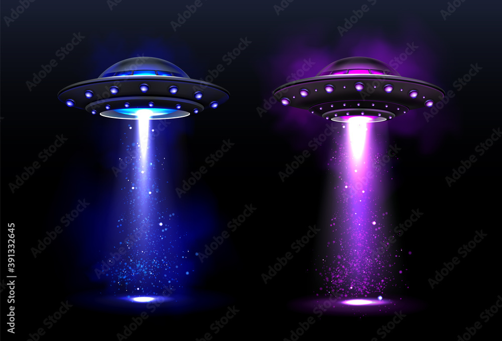 Alien spaceships, ufo with blue and purple light beam. Vector realistic illustration of futuristic flying saucer, unidentified round rocket. Clipart of galaxy spacecraft, glow rocketship - obrazy, fototapety, plakaty 
