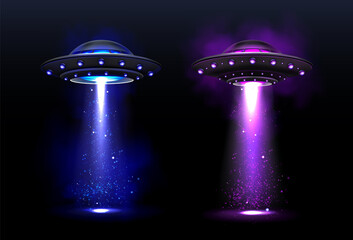 alien spaceships, ufo with blue and purple light beam. vector realistic illustration of futuristic f