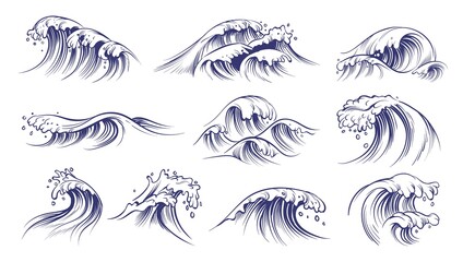 Ocean hand drawn waves. Sketch style sea storm blue water, curly foamy splashes, tsunami and tide vintage collection, surfing season decorative surge wave, vector marine isolated on white set