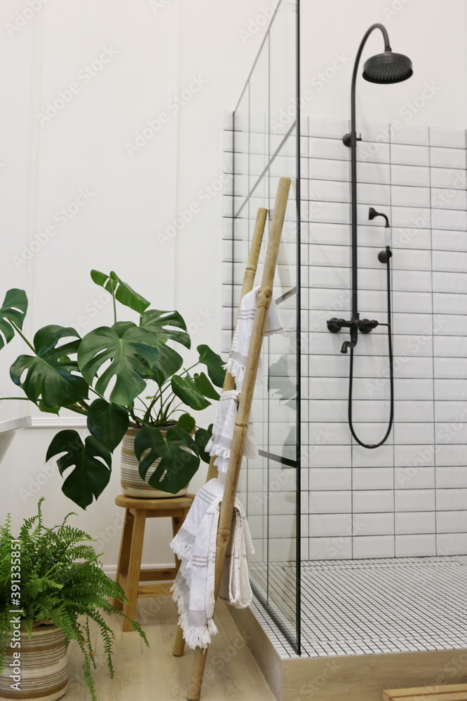 Stock-Foto white bathroom and loft shower with monstera and fern flowers  | Adobe Stock