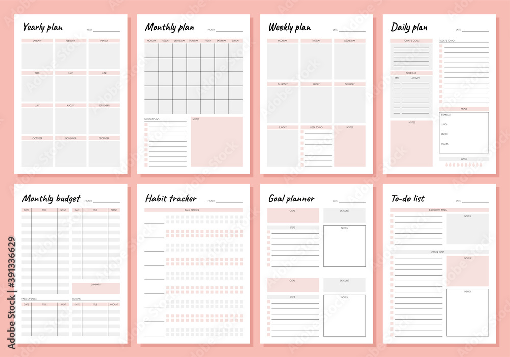 Planner. Weekly and days organizers for schedule list with reminder, checklists, important date and notes. Simple life planners daily routine organization vector minimalist templates - obrazy, fototapety, plakaty 