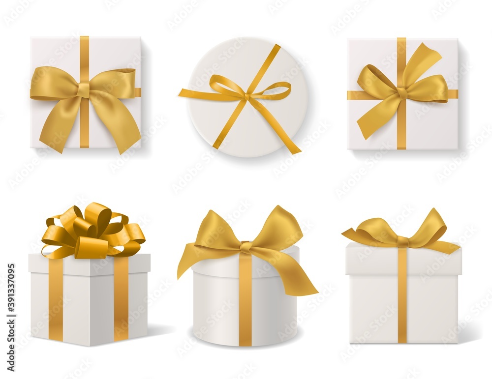 Realistic decorative gift boxes. 3d gifts white cardboard packaging templates, golden ribbons and bows top and side view, round and square wrapped presents. Vector isolated set - obrazy, fototapety, plakaty 