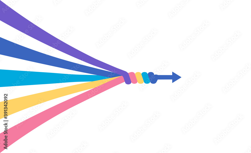 The abstract concept of teamwork, partnership, merger, alliance. Many multi-colored lines merge into a single arrow. Flat vector illustration isolated in white background. - obrazy, fototapety, plakaty 