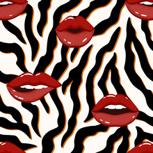 Seamless Pattern With Sexy Lips On Zebra Background.Vector Illustration In The Swatches Panel For Wrapping Paper, Textile, Fabric, Wallpaper And Cloths.
