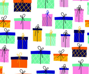 Christmas gifts boxes seamless pattern. Vector illustration in a childish hand-drawn Scandinavian style. The pastel palette is ideal for printing packaging, fabrics, textiles