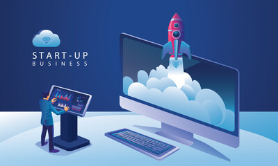 Business Startup launching product with rocket concept. Template and Backgrounds Vector illustration, business project startup process idea through planning and strategy, time management, realization