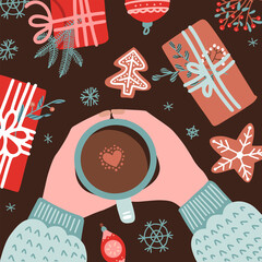 Wall Mural - Christmas and New Year cozy composition with Human hands in sweater holding coffee mug surrounded by gifts, gingerbread, fir branches. Vector flat illustration top view