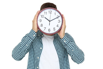 Young man with clock on white background