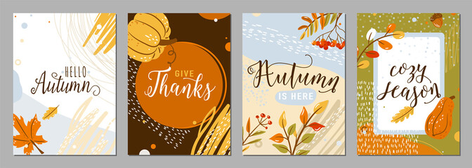 Poster - Autumn posters set vector background. Autumn-time season banners in whimsical memphis modern flat style with greeting text quotes, texture graphic elements. Creative modern flat fall celebration card