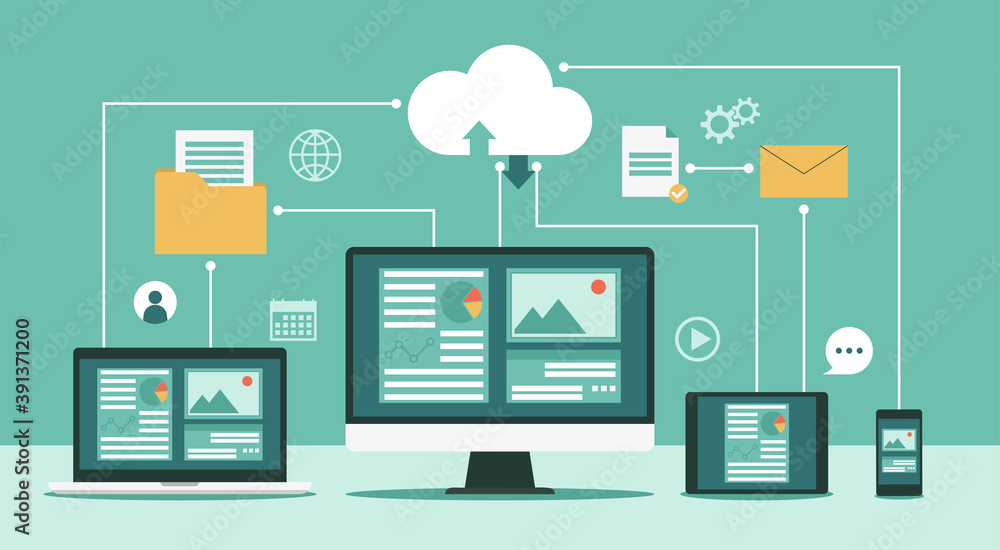 Cloud computing technology network with computer monitor, laptop ...