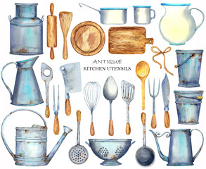  Antique kitchens utensils. Watercolor clipart, old things, wooden plank, iron pans, coffee pot, kettle, bakeware, milkman. Isolated elements on a white background . Stock illustration. Hand painted.