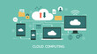 Cloud computing technology concept, information or files storage, data processing service with computer, laptop, tablet and smartphone, vector flat illustration