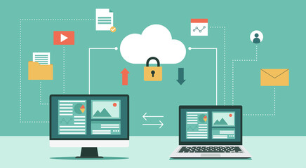 Cloud computing security and protecting data concept with computer and laptop, Online devices upload, download information, data in database on cloud services, vector flat illustration