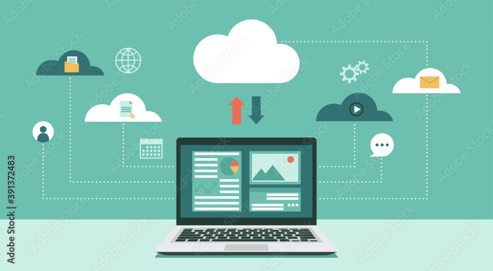 Cloud computing technology network with laptop computer, Online devices upload, download information, data in database on cloud services, vector flat illustration - obrazy, fototapety, plakaty 