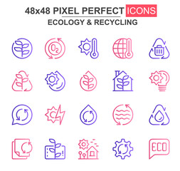 Poster - Ecology and recycling thin line icon set. Renewable sources, sun and water energy, waste recycling unique icons. Outline vector bundle for UI UX design. 48x48 pixel perfect linear pictogram pack.