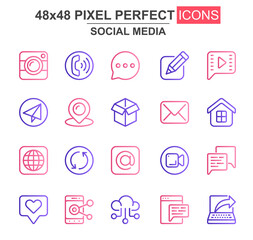 Leinwandbilder - Social media thin line icon set. Message, call, chat, email, smartphone, pinpointer, like, camera, box unique icons. Outline vector bundle for UI UX design. 48x48 pixel perfect linear pictogram pack.