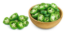 Sliced Jalapeno Pepper In Wooden Bowl Isolated On White Background. Green Chili Pepper With Clipping Path And Full Depth Of Field.
