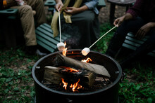 Black Friends Gathering Around Fire-pit Roasting Marshmallows And Eating Smores