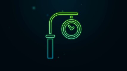 Poster - Glowing neon line Train station clock icon isolated on black background. 4K Video motion graphic animation