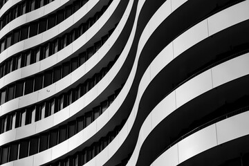 Wall Mural - Black and white tone, close-up and detail of exterior curvature facade with contrast colour material of black windows and white aluminium panels in wavy shape.