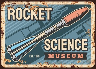 Wall Mural - space science vector rusty metal plate with rocket, mother missile or spaceship development history 