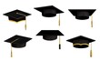 Academic caps isolated vector icons, cartoon university graduation black hats with tassels and golden lace. Students alumni headwear uniform for graduation valedictorian ceremony, mortarboard caps set