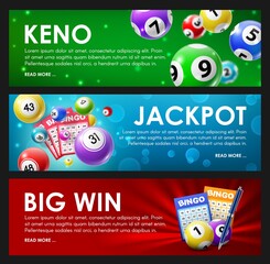 Canvas Print - Lottery raffle, keno, bingo, jackpot big win lotto game balls and cards with lucky numbers. Vector bingo lottery tv show, keno raffle and lotto win tickets gambling and win chance game banners set