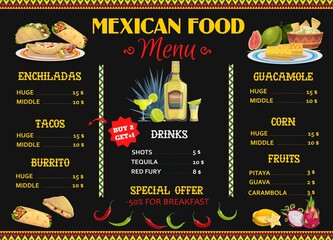 Wall Mural - Mexican restaurant menu template with vector food and drink. Corn tortilla tacos, burritos and nachos with avocado guacamole and tequila, enchiladas and quesadillas with grilled corn and fruits
