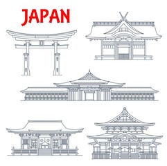 Wall Mural - Japan landmark icons, temples in Tokyo, pagodas and Torii Gates in Itsukushima Ryobu, vector. Japan travel architecture landmarks Kokubunji temple Zenko-ji in Nagano, Sumiyoshi-taisha shrine in Osaka