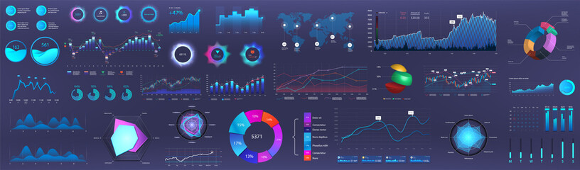 Dark infographics, charts and graphs collection. Business presentation and marketing statistic workflow. Big set elements -financial analysis, circle infographics, diagrams and other. Vector set