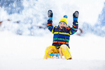 Wall Mural - Boy on sled ride. Child sledding. Kid on sledge