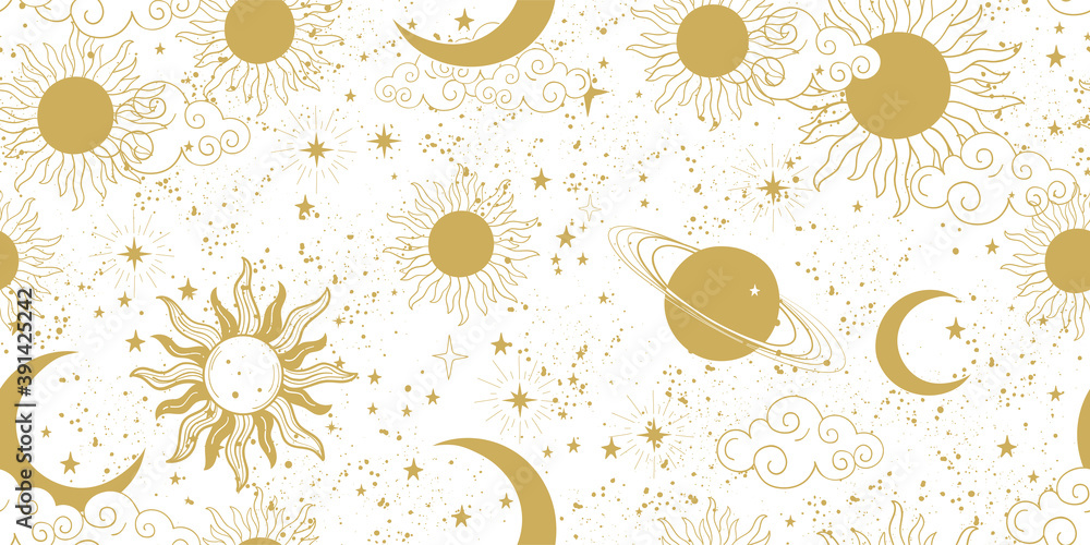 Seamless golden space pattern with sun, crescent, planets and stars on a white background. Mystical ornament of the mystical sky for wallpaper, fabric, astrology, fortune telling. Vector illustration - obrazy, fototapety, plakaty 